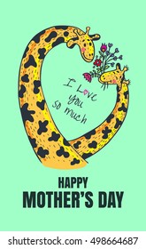 Happy Mother's Day card. Vector illustrated poster with giraffe characters.