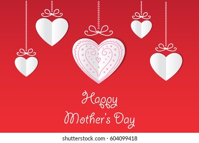 Happy Mother's Day card with wishes and paper hearts on red background. Vector illustration.