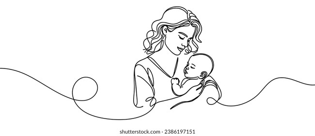 Happy Mother's Day card. Woman holding baby in one line style. Vector illustration