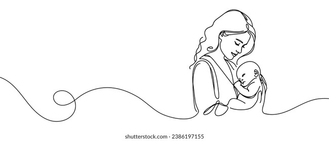 Happy Mother's Day card. Woman holding baby in one line style. Vector illustration