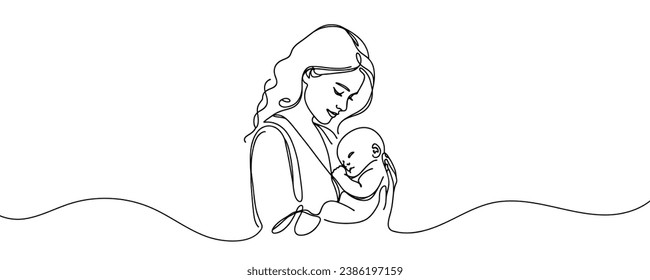 Happy Mother's Day card. Woman holding baby in one line style. Vector illustration