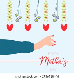 Happy mothers day card. Womans hand with a hearts - Vector