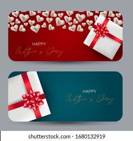 Happy Mothers Day cards banners with small hearts and gift boxes. Vector illustration.