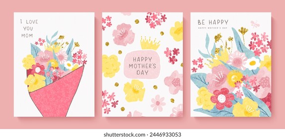 Happy mothers day cards with beautiful watercolor flowers. Grainy texture,hand drawn plants. Floral greeting cards. Vector illustration