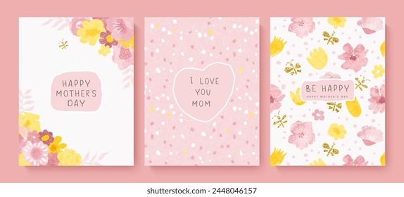 Happy mothers day cards with beautiful watercolor flowers. Grainy texture,hand drawn plants. Floral greeting cards. Vector illustration