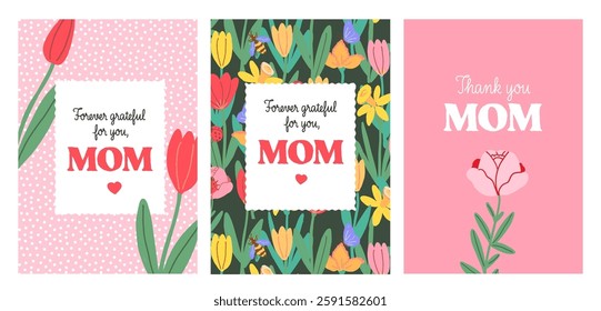 Happy Mother's Day Cards. Colourful Floral Mother’s Day Cards. Postcards with Hand Drawn Flowers.