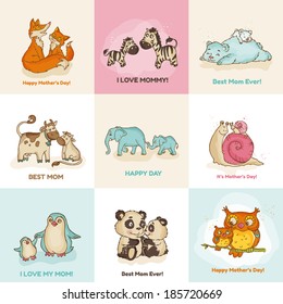 Happy Mother's Day Cards - with cute animals - in vector