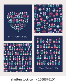 Happy mothers day cards and patterns. Hearts of the cute flowers. Floral elements for gift wrap, textile, wallpapers, and scrapbook. Vector.