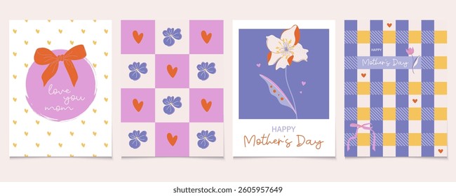 Happy Mother's Day cards set. Vintage minimalist art design with flowers, hearts, bows, typography. Cute holiday prints. Hand drawn vector illustrations.
