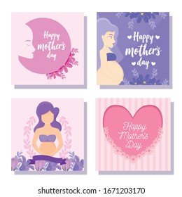 happy mothers day cards with womens and flowers icon set over white background, vector illustration