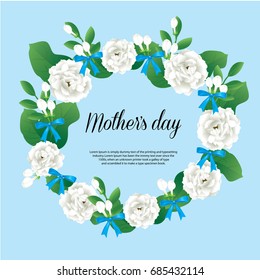 Happy mother's day card,Thai White Jasmine Flower with blue ribbon bow on blue background ,Vector Illustration