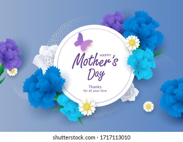Happy mother's day card,there are some blue and pueple carnation flowers and white daisies,vector,illustration