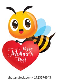 Happy Mother's Day. Cartoon cute bee carrying a red LOVE heart signboard with greeting lettering - vector character