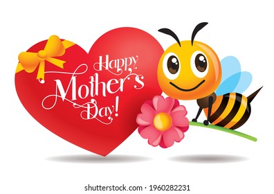 Happy Mother's Day. Cartoon cute bee holding big flower with greeting lettering signboard 
