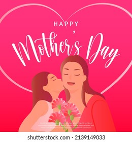 Happy mother's day cartoon daughter kissing mom and holding carnation flower