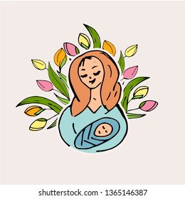 Happy Mother's Day celebration badge, tag, icon. Handdrawn tulips, mother and baby. Text card invitation, template. Pink background. Vector illustration. Banner on textured background.