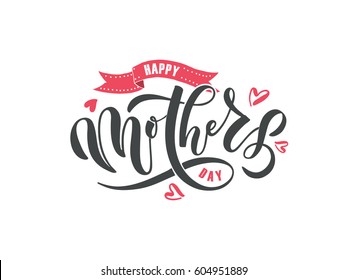 Happy Mother's Day as celebration badge, tag, icon. Text card invitation, template. Festivity background. Lettering typography poster. Banner on textured background. Vector illustration EPS 10. 