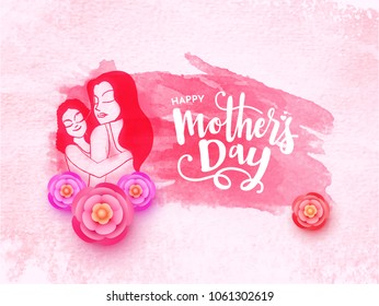 Happy Mother's Day celebration banner design with young Mom and Daughter, beautiful flowers, and calligraphic text. 