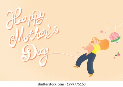 Happy mother's day celebration card vector illustration. Mother and daughter hugging. A little girl jumping in her mother's arms with a bouquet of flowers. Removable cursive text in background.