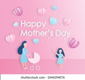 Happy mother's day celebration  concept. design for mother's day holiday. Lovely joyful women on pink background in paper cut style. Vector illustration.Eps10