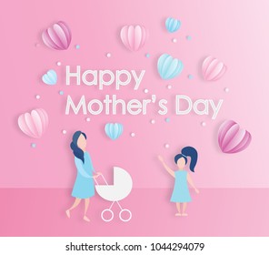 Happy mother's day celebration  concept. design for mother's day holiday. Lovely joyful women on pink background in paper cut style. Vector illustration.Eps10