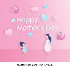 Happy mother's day celebration  concept. design for mother's day holiday. Lovely joyful women on pink background in paper cut style. Vector illustration.Eps10