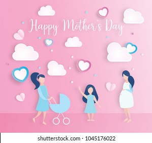 Happy mother's day celebration concept. design for mother's day holiday. Lovely joyful women on pink background in paper cut style. Vector illustration.Eps10