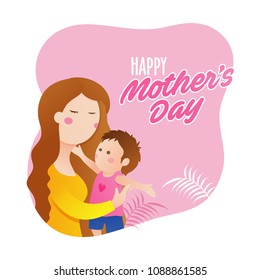 Happy Mother's Day celebration concept with happy mom and her infant on pink and white background.