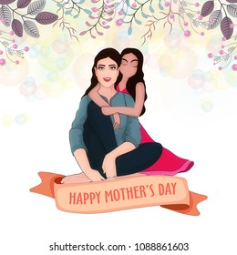 Happy Mother's Day celebration concept with young doughter giving back hug to her mom. Beautiful floral decorated background. 