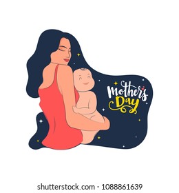 Happy Mother's Day celebration concept with mom hugging her infant. 