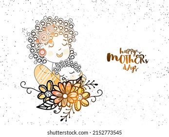 Happy Mother's Day Celebration Concept With Cute Mom Hugging Her Baby And Floral On White Grain Texture Background.