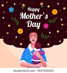 Happy Mother's Day Celebration Concept with Woman Lapping Her Baby and Open Her Long Hair Adorned with Flowers and Leaves.