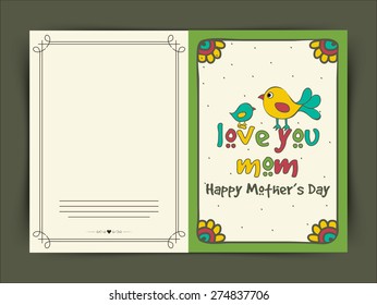Happy Mother's Day celebration greeting card with illustration of baby bird saying to her mother Love You Mom.
