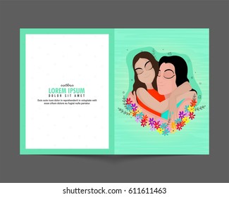 Happy Mother's Day celebration greeting card design with illustration of daughter and mother hugging each other.