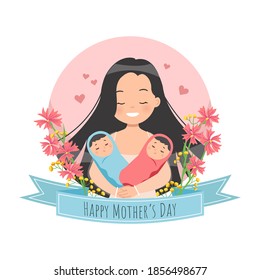 Happy Mother's Day Celebration. Mom Holding Twin Babies. Flat Vector Illustration.