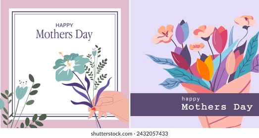 Happy mothers day celebration, postcards with bouquets of flowers, leaves and lush flora. Hand with wildflower, special present for mommy. Holiday banner or greeting card. Vector in flat style