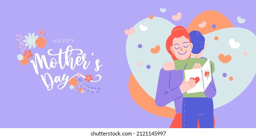 Feliz día de la madre, ilustración vectorial. Mamá y niño abraza con flores orgánicas corona el saludo decorativo florido texto para tarjeta de invitación, presentación, medios sociales, afiche