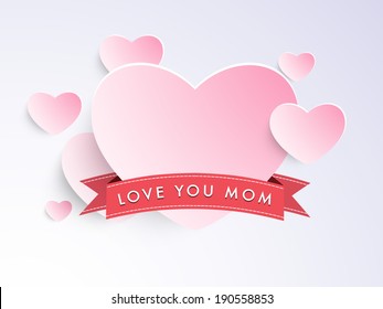 Happy Mother's Day celebrations sticker, tag or label design with beautiful pink heart shape and ribbon on purple background. 