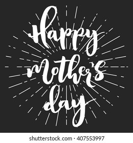 Happy mother's day chalk greeting card. Funny white script text with rays on dark background.