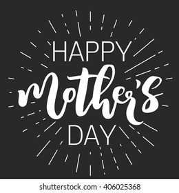 Happy mother's day chalk typography greeting card. White letters with rays on dark background.