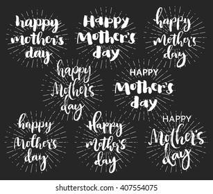 Happy mother's day chalk typography greeting cards set. White brush letters with rays on dark background.