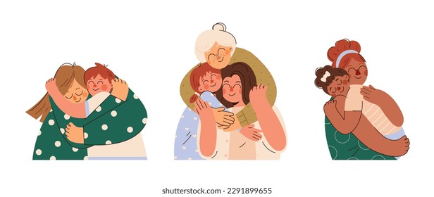 Happy Mother's day character design vector. Flat hand drawn style grandmother hugging children in her arm. Mother's day concept illustration design for decoration, greeting card, cover, print, banner