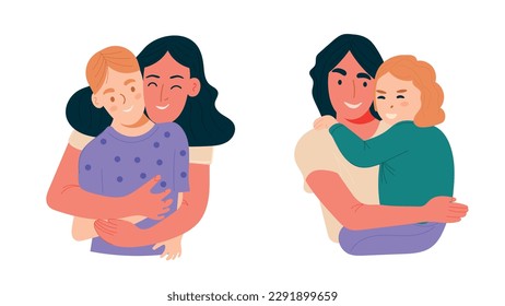 Feliz Día de la Madre, vector de diseño de personaje. Una madre de estilo dibujada a mano plana abrazando a su hija en el brazo. Diseño de ilustración de concepto del día de la madre para decoración, tarjeta de saludo, portada, impresión, banner