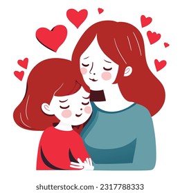 Happy Mother's day character design vector. Flat hand drawn style mom hugging daughter in her arm. Mother's day concept illustration design for decoration, greeting card, cover, print, banner