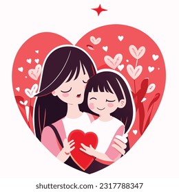 Happy Mother's day character design vector. Flat hand drawn style mom hugging daughter in her arm. Mother's day concept illustration design for decoration, greeting card, cover, print, banner
