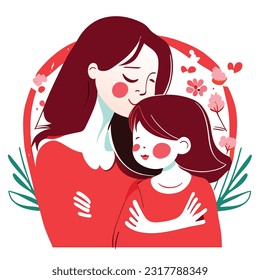 Happy Mother's day character design vector. Flat hand drawn style mom hugging daughter in her arm. Mother's day concept illustration design for decoration, greeting card, cover, print, banner