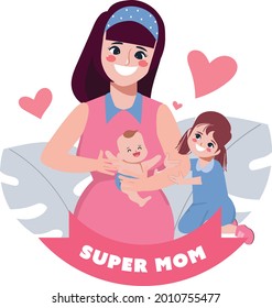 Happy mothers day character hand drawn cartoon. Mother feeding baby pose set.