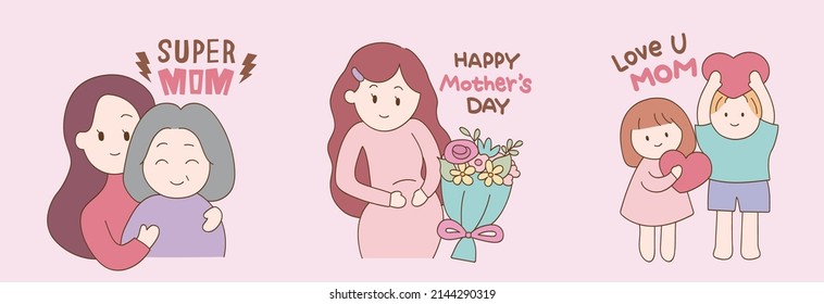 Happy mothers day character hand drawn cartoon art illustration
