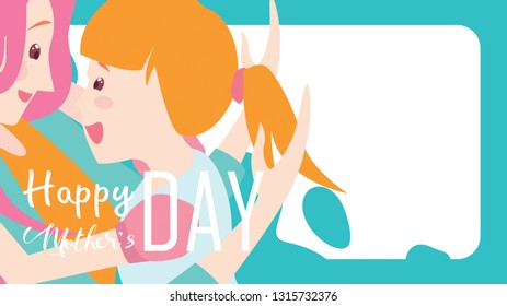 Happy mother's day! Child daughter running and hugging to her mum to congratulate with liquid shape background with copy space. Colorful vector illustration flat design cartoon style banner. - vector