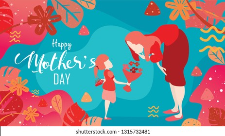 Happy mother's day! Child daughter congratulates mom and gives her flowers tulips and a gift box behind backs . Vector illustration flat design style with living coral color trendy 2019. - vector